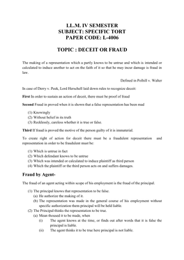 Specific Tort Paper Code: L-4006 Topic : Deceit Or Fraud