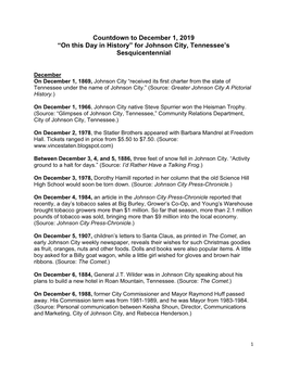 Countdown to December 1, 2019 “On This Day in History” for Johnson City, Tennessee’S Sesquicentennial