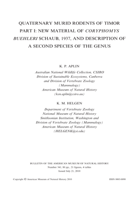 Quaternary Murid Rodents of Timor Part I: New Material of Coryphomys Buehleri Schaub, 1937, and Description of a Second Species of the Genus