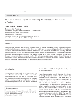 Review Article Role of Terminalia Arjuna in Improving Cardiovascular Functions