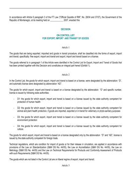 "Official Gazette of RM", No. 28/04 and 37/07), the Government of the Republic of Montenegro, at Its Meeting Held on ______2007, Enacted This