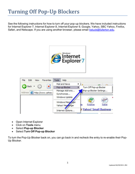 Turning Off Pop-Up Blockers
