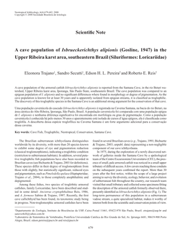 Scientific Note a Cave Population of Isbrueckerichthys Alipionis (Gosline, 1947) in the Upper Ribeira Karst Area, Southeastern B