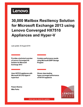 30,000 Mailbox Resiliency Solution for Microsoft Exchange 2013 Using Lenovo Converged HX7510 Appliances and Hyper-V