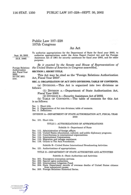 Public Law 107-228 107Th Congress an Act to Authorize Appropriations for the Department of State for Fiscal Year 2003, to Sept