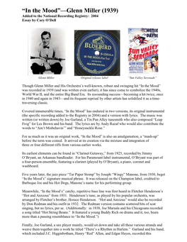 “In the Mood”—Glenn Miller (1939) Added to the National Recording Registry: 2004 Essay by Cary O’Dell