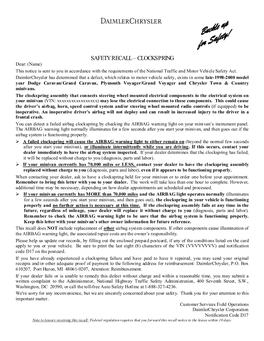 SAFETY RECALL – CLOCKSPRING Dear: (Name) This Notice Is Sent to You in Accordance with the Requirements of the National Traffic and Motor Vehicle Safety Act