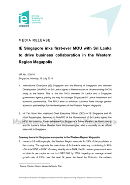 IE Singapore Inks First-Ever MOU with Sri Lanka to Drive Business Collaboration in the Western Region Megapolis