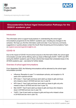 Gloucestershire School Aged Immunisation Pathways for the 2020/21 Academic Year