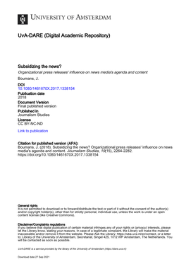 Subsidizing the News? Organizational Press Releases' Influence on News Media's Agenda and Content Boumans, J