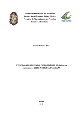 Bruno Meirelles Paes INVESTIGAÇÃO DO POTENCIAL FARMACOLÓGICO DA Kielmeyera Membranacea SOBRE a DISFUNÇÃO VASCULAR Macaé 20