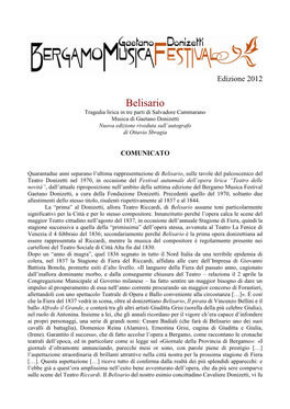 Belisario Tragedia Lirica in Tre Parti Di Salvadore Cammarano Musica Di Gaetano Donizetti Nuova Edizione Riveduta Sull’Autografo Di Ottavio Sbragia