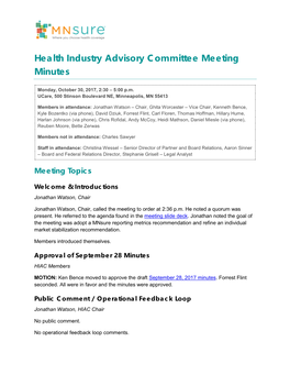 Health Industry Advisory Committee Meeting Minutes