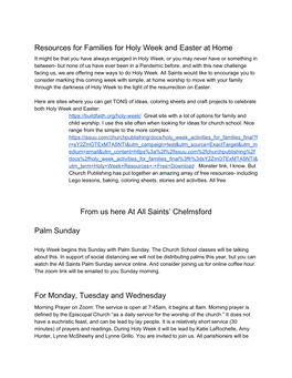 Resources for Families for Holy Week and Easter at Home from Us Here at All Saints' Chelmsford Palm Sunday for Monday, Tuesday