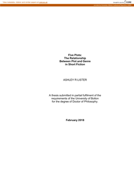 The Relationship Between Plot and Genre in Short Fiction ASHLEY R LISTER a Thesis Submitted in Partial Fulfilment