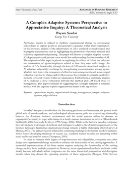 A Complex Adaptive Systems Perspective to Appreciative Inquiry: a Theoretical Analysis Payam Saadat George Fox University