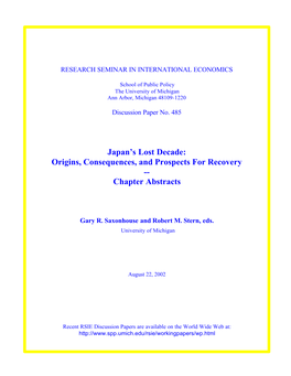 Japan's Lost Decade: Origins, Consequences, and Prospects For