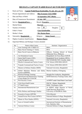 Bio Data- Captain Wahid Hasan Kutubuddin