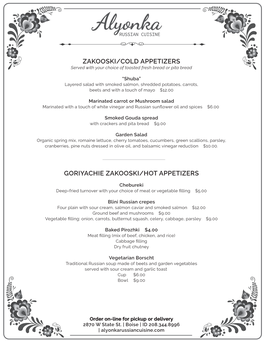 Alyonka Russian Cuisine Menu