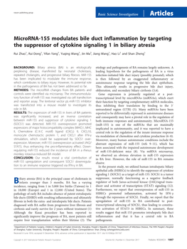 Microrna-155 Modulates Bile Duct Inflammation by Targeting the Suppressor of Cytokine Signaling 1 in Biliary Atresia