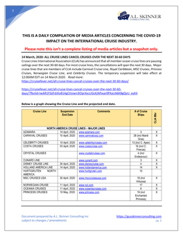 This Is a Daily Compilation of Media Articles Concerning the Covid-19 Impact on the International Cruise Industry