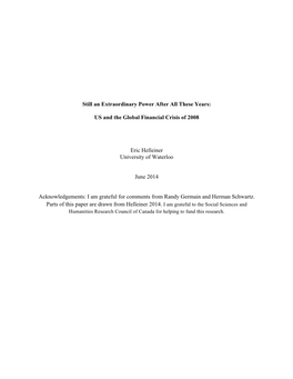 US and the Global Financial Crisis of 2008 Eric Helleiner University of Wate