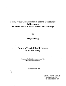 Taenia Solium Transmission in a Rural Community in ·Honduras: an Examination of Risk Factors and Knowledge