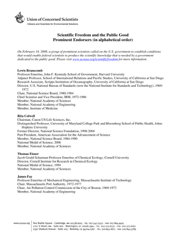 Scientific Freedom and the Public Good Prominent Endorsers (In Alphabetical Order)