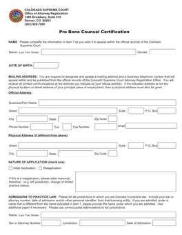 Application for Pro Bono Counsel Certification