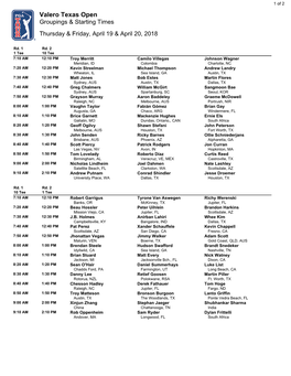 Valero Texas Open Groupings & Starting Times Thursday & Friday, April 19 & April 20, 2018