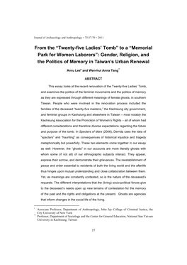 Memorial Park for Women Laborers”: Gender, Religion, and the Politics of Memory in Taiwan’S Urban Renewal