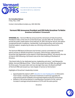 Vermont PBS Announces President and CEO Holly Groschner to Retire Groschner Led Station’S Turnaround