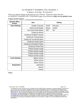 EA SPORTS™ MADDEN NFL™ FOOTBALL Cabinet Settings