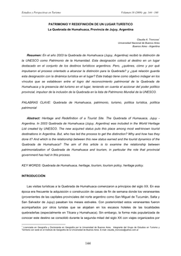 PATRIMONIO Y REDEFINICIÓN DE UN LUGAR TURÍSTICO La Quebrada De Humahuaca, Provincia De Jujuy, Argentina Resumen