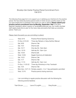 Brooklyn Zen Center Practice Period Commitment Form Fall 2015