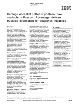 Heritage Ascential Software Portfolio, Now Available in Passport Advantage, Delivers Trustable Information for Enterprise Initiatives
