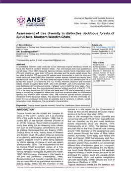 Assessment of Tree Diversity in Distinctive Deciduous Forests of Suruli Falls, Southern Western Ghats