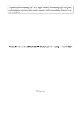 Notice of Convocation of the 170Th Ordinary General Meeting of Shareholders