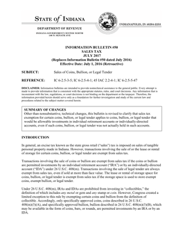 INFORMATION BULLETIN #50 SALES TAX JULY 2017 (Replaces Information Bulletin #50 Dated July 2016) Effective Date: July 1, 2016 (Retroactive)