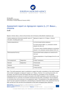 Draft Assessment Report on Agropyron Repens (L.) P. Beauv., Rhizoma