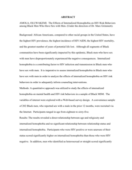 ABSTRACT AMOLA, OLUWAKEMI. the Effects of Internalized Homophobia on HIV Risk Behaviors Among Black Men Who Have Sex with Men