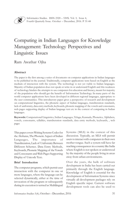 Computing in Indian Languages for Knowledge Management: Technology Perspectives and Linguistic Issues