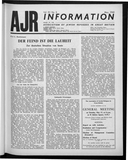INFORMATION ISSUED by the ASSOCIATION of JEWISH REFUGEES in GREAT BRITAIN 8 FAIRFAX MANSIONS, Office and Consulting Hours: FINCHLEY ROAD (Comer Fairfax Rosdl, LONDON