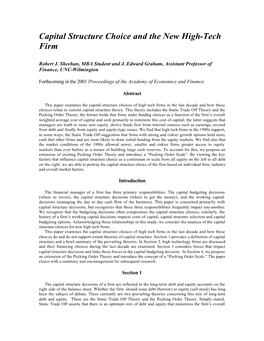 Capital Structure Choice and the New High-Tech Firm