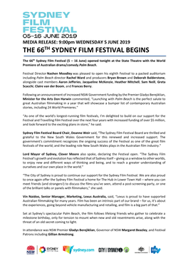 The 66Th Sydney Film Festival Begins 05/06/2019
