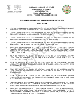 1 Honorable Congreso Del Estado De Michoacán De Ocampo Lxxiv Legislatura Tercer Año Legislativo Segundo Periodo Ordinario De S
