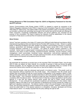 Verizon Response to TRAI Consultation Paper No: 2/2015 on Regulatory Framework for Over-The- Top (OTT) Services