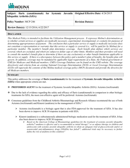 Ilaris Canakinumab for Systemic Juvenile Idiopathic Arthritis SJIA