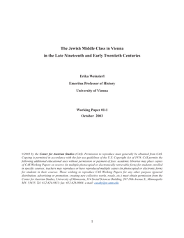 The Jewish Middle Class in Vienna in the Late Nineteenth and Early Twentieth Centuries