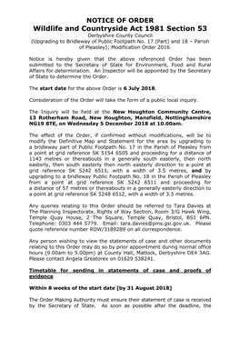 NOTICE of ORDER Wildlife and Countryside Act 1981 Section 53 Derbyshire County Council (Upgrading to Bridleway of Public Footpath No